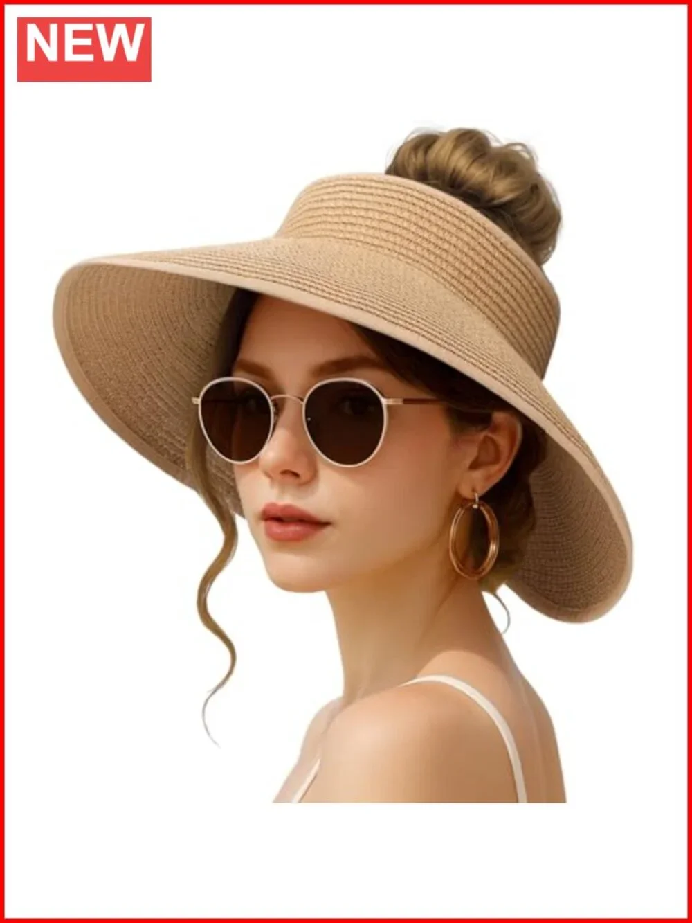 Wide Brim Straw Sun Visor Hat Women UPF 50+ Foldable Packable